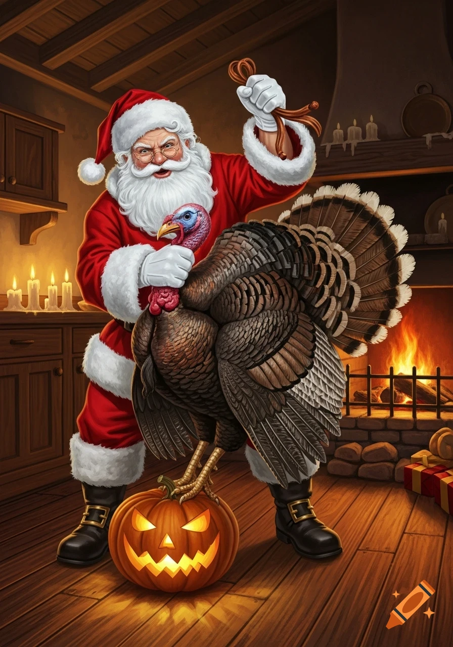 Cartoon illustration of Santa Claus holding a turkey by the neck, with his foot on a lit jack-o'-lantern by a fireplace.