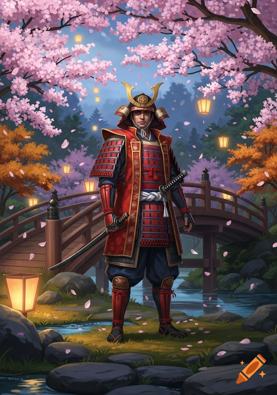 A samurai warrior in red and blue armor stands in a vibrant Japanese garden under cherry blossom trees with a wooden bridge and glowing lanterns.