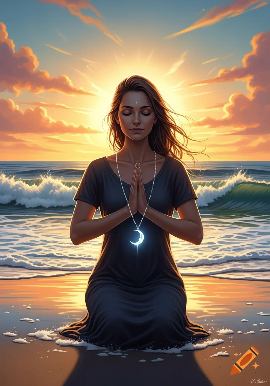 Digital art of a woman in a black dress meditating on a beach with hands in prayer, wearing a glowing moon necklace, at sunset.