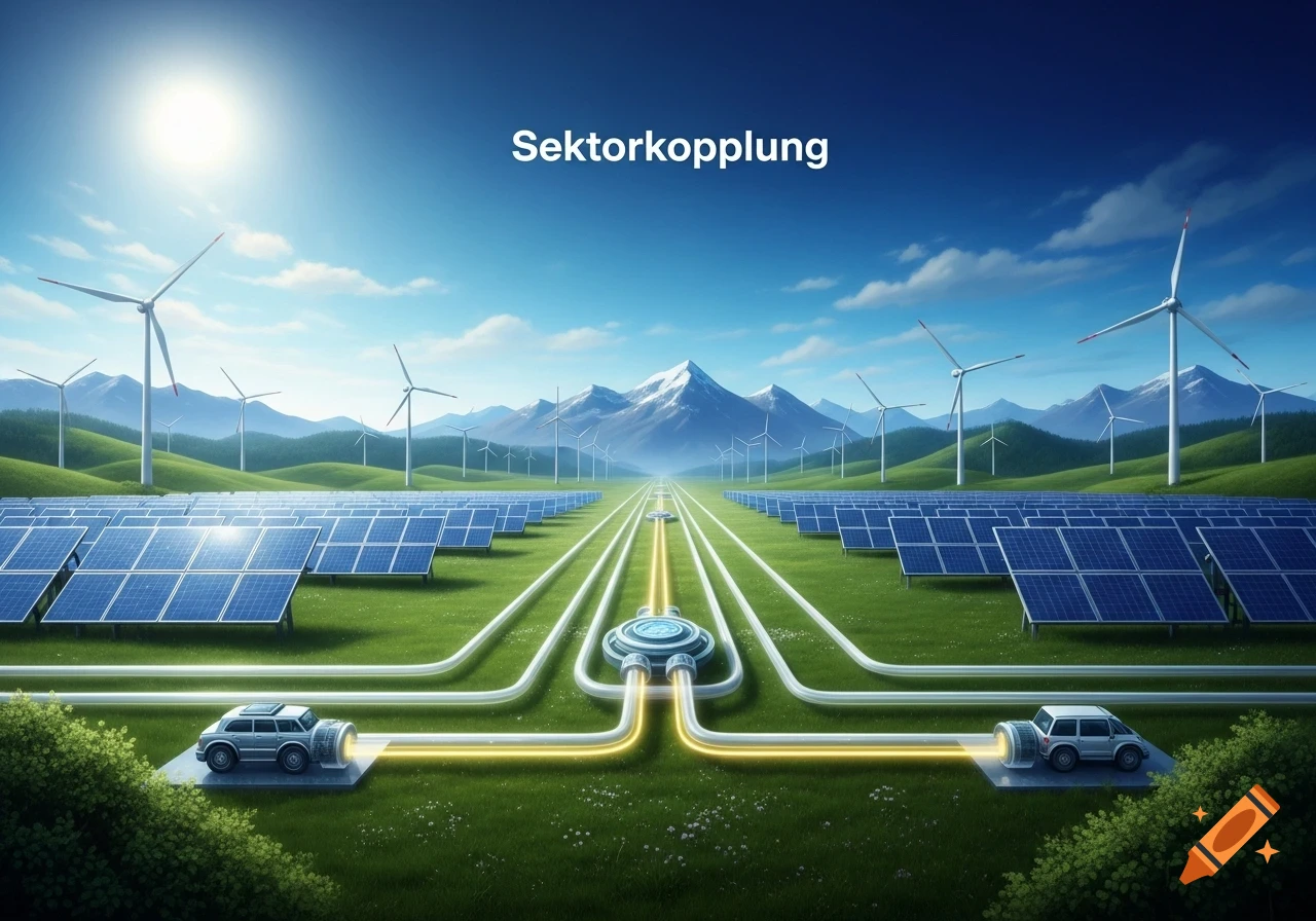 A digital illustration of a futuristic renewable energy landscape with solar panels, wind turbines, and electric cars connected by glowing energy lines. Mountains are in the background. Text 'Sektorkopplung' is displayed.