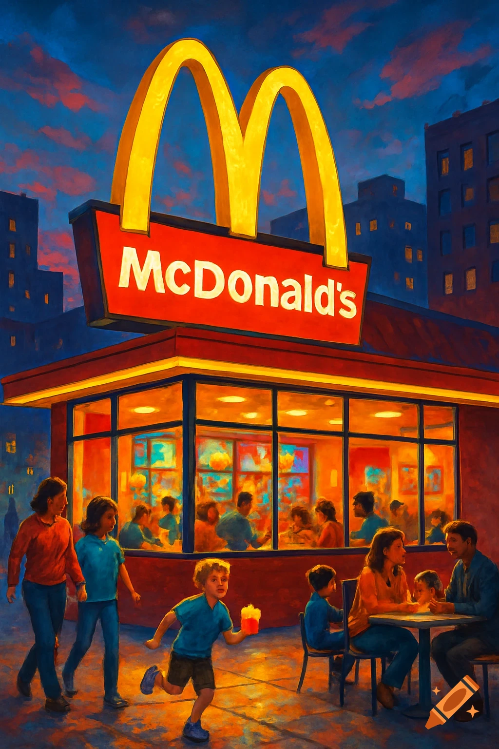 A colorful painting of a bustling McDonald's restaurant in a city at dusk, with people outside and dining inside.