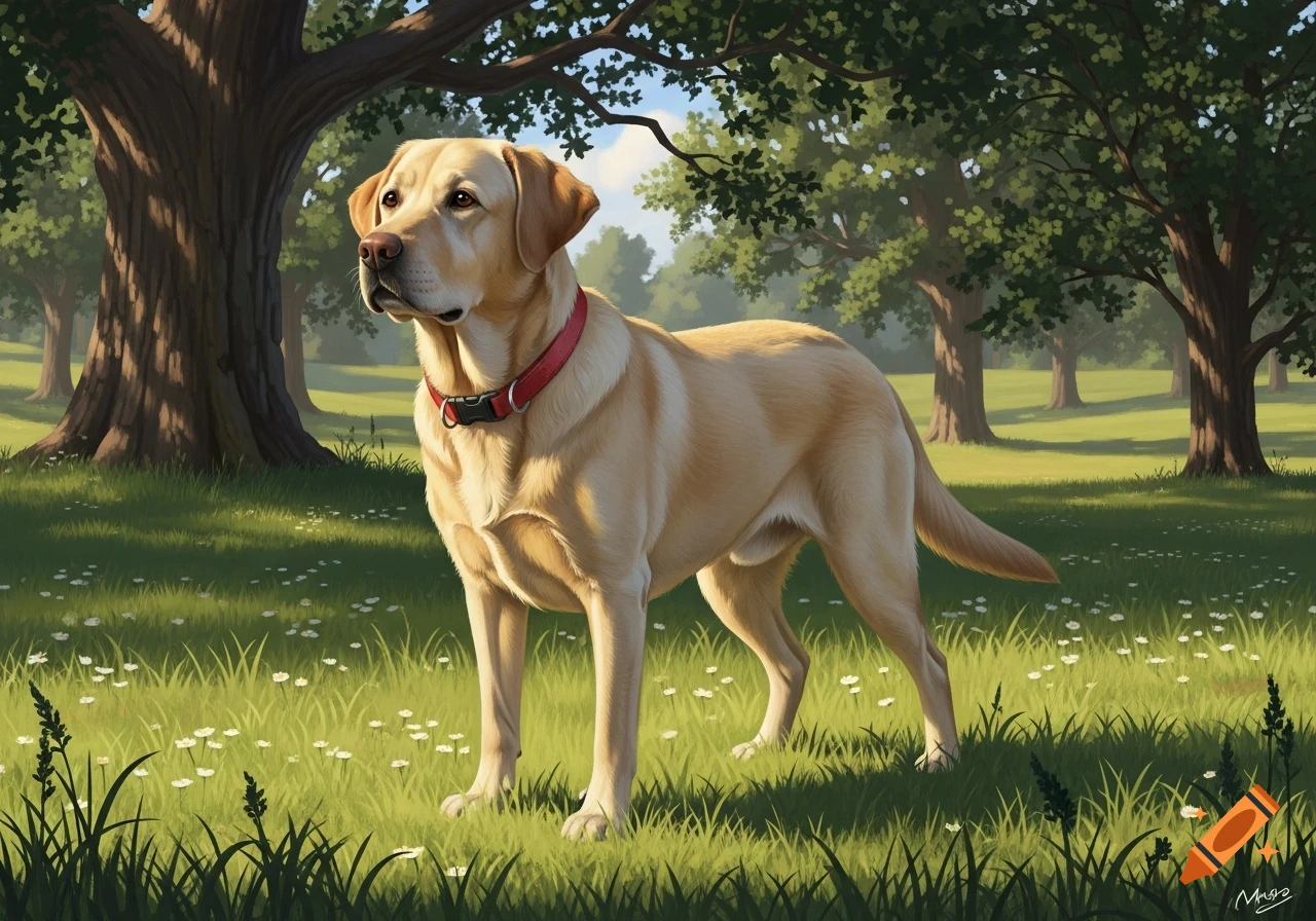 A golden Labrador Retriever with a red collar stands in a sunny park among trees and white flowers, in an illustrative style.