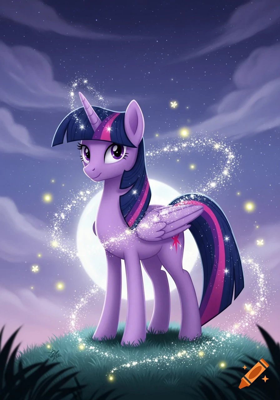 A purple alicorn with a dark mane and tail streaked with pink and purple stands on a grassy hill under a starry night sky with a full moon, surrounded by sparkling magic.