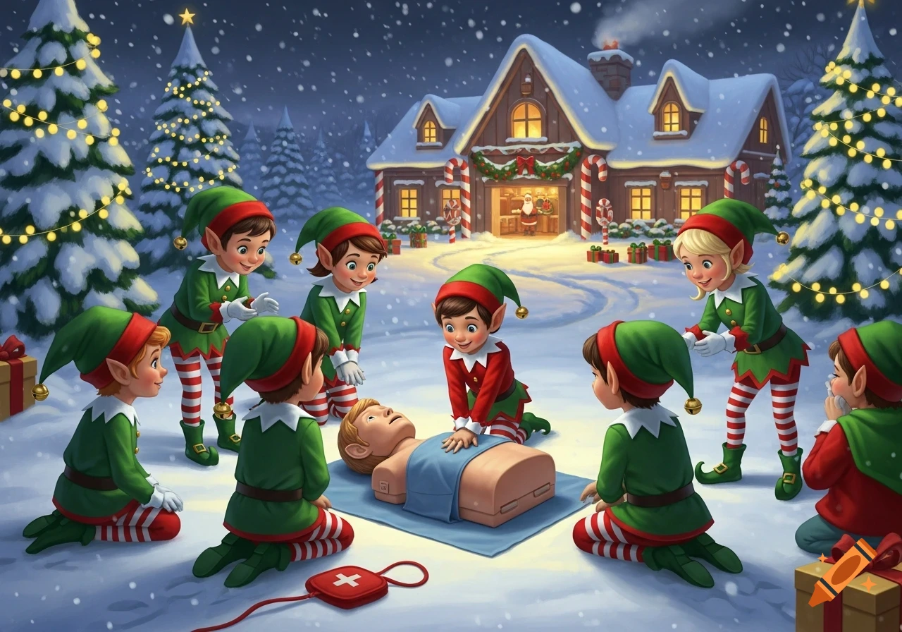 Christmas elves in a snowy village learn CPR on a manikin, with Santa visible in a workshop background.
