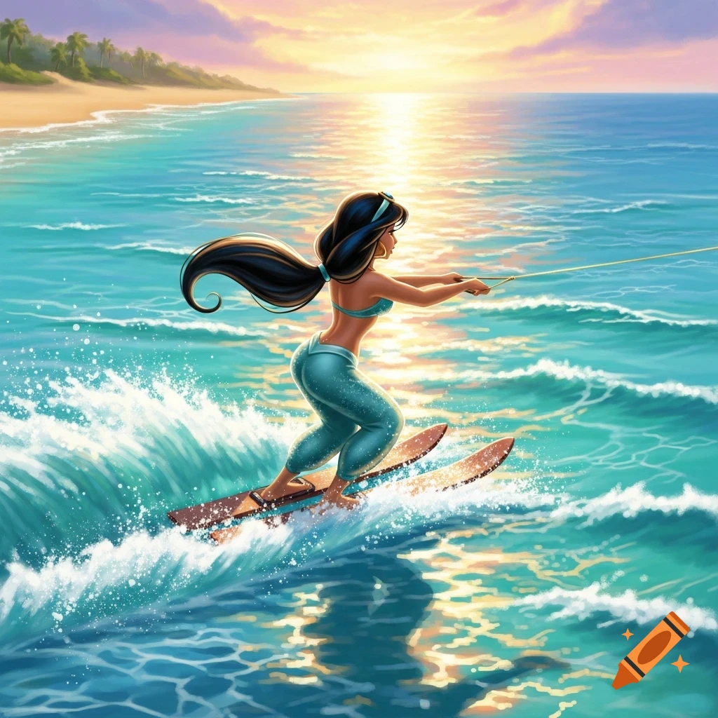 Princess Jasmine water skiing across sparkling ocean waves at sunset, with a beach and palm trees in the background. Cartoon style.