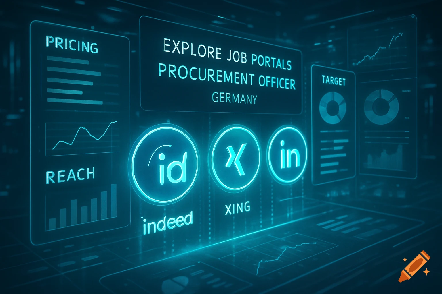 A glowing blue digital interface displaying job portal information for a procurement officer in Germany, with sections for pricing, reach, target, and icons for Indeed, Xing, and LinkedIn.