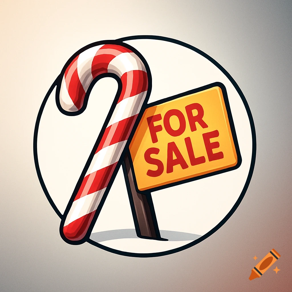 A red and white striped candy cane leaning on a yellow 'FOR SALE' sign in a circular logo style.