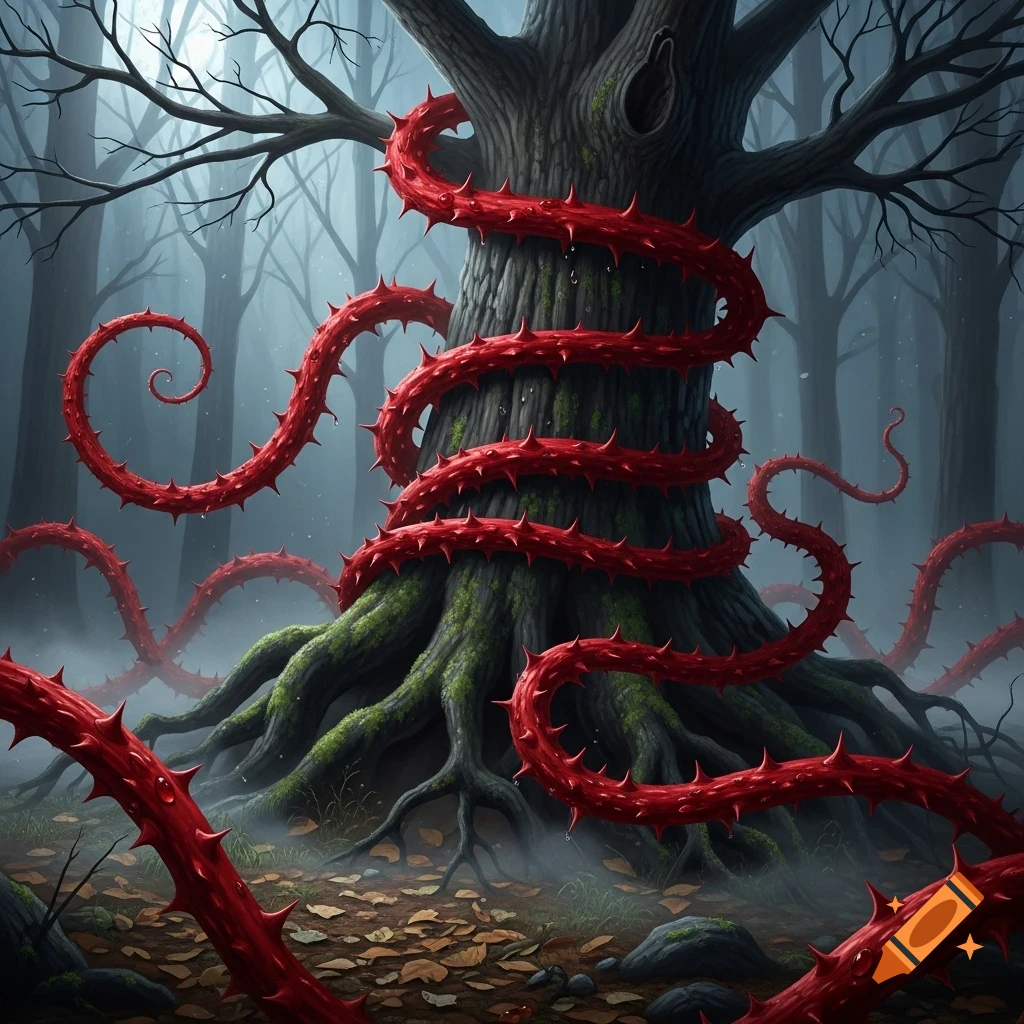 A gnarled tree with exposed roots in a misty forest, dramatically wrapped in bright red thorny vines resembling serpents.