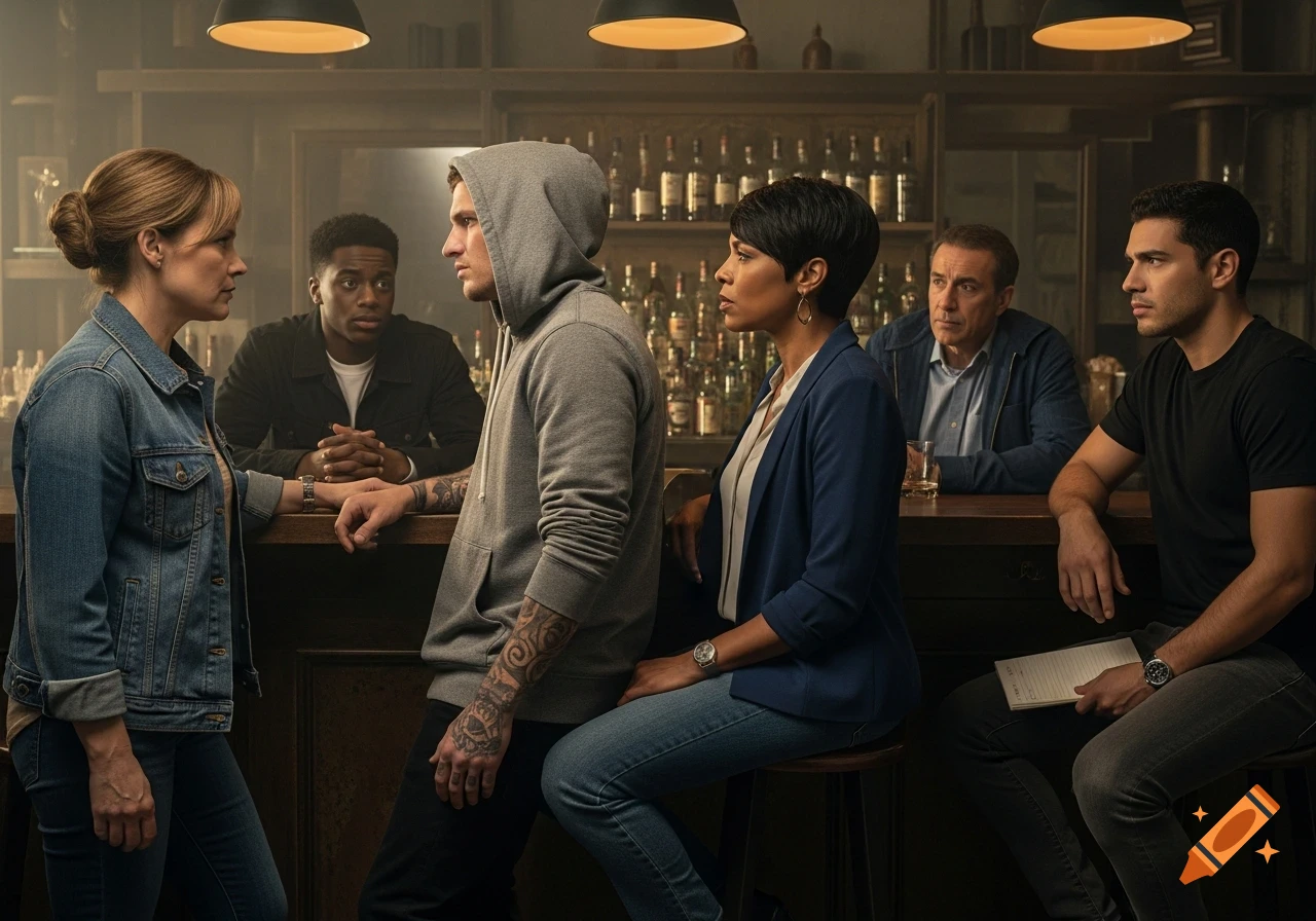 Six diverse people in a dimly lit industrial bar, engaged in a tense and dramatic scene, photorealistic.