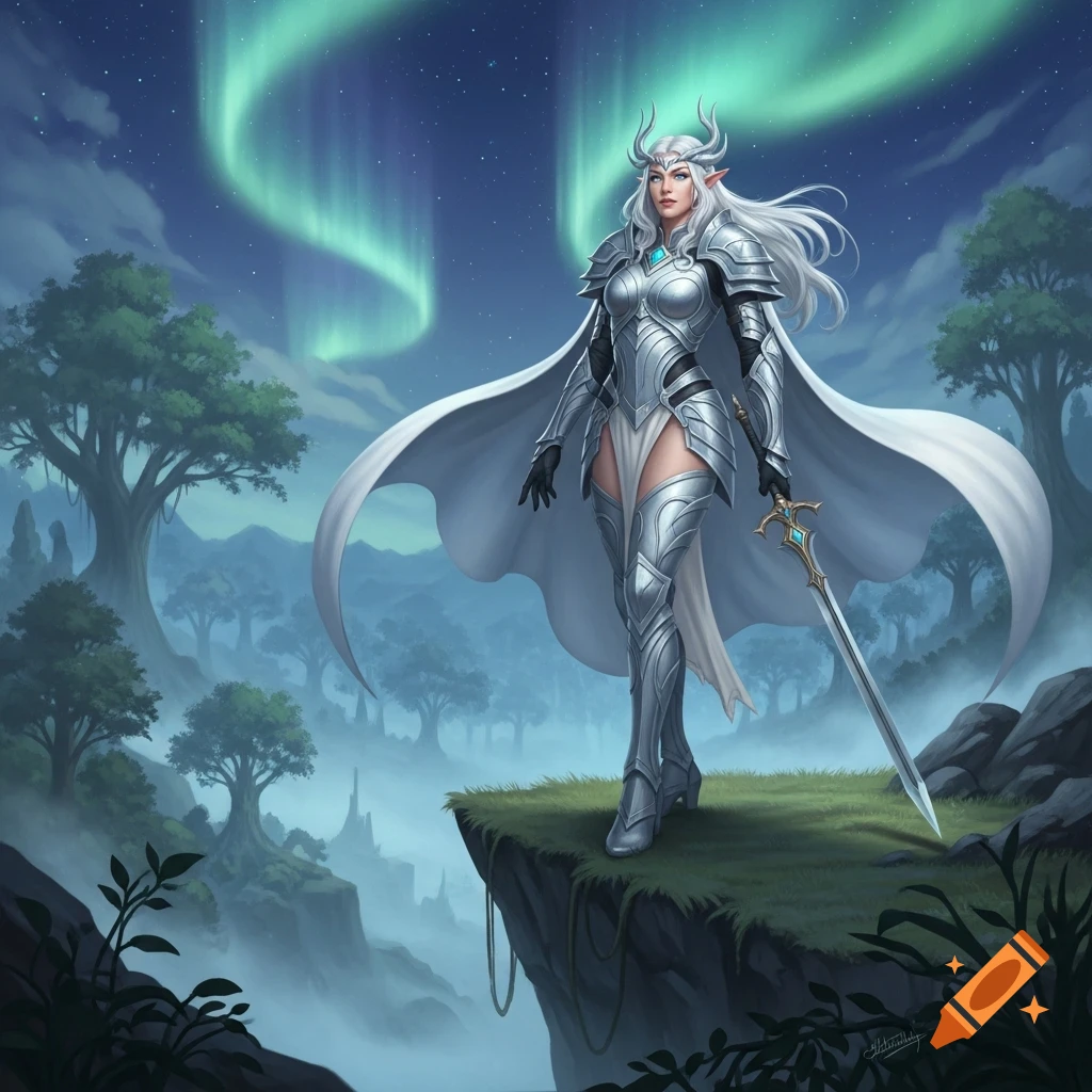 White-haired elf warrior in silver armor, cape, and sword on a cliff overlooking a misty forest with an aurora borealis.