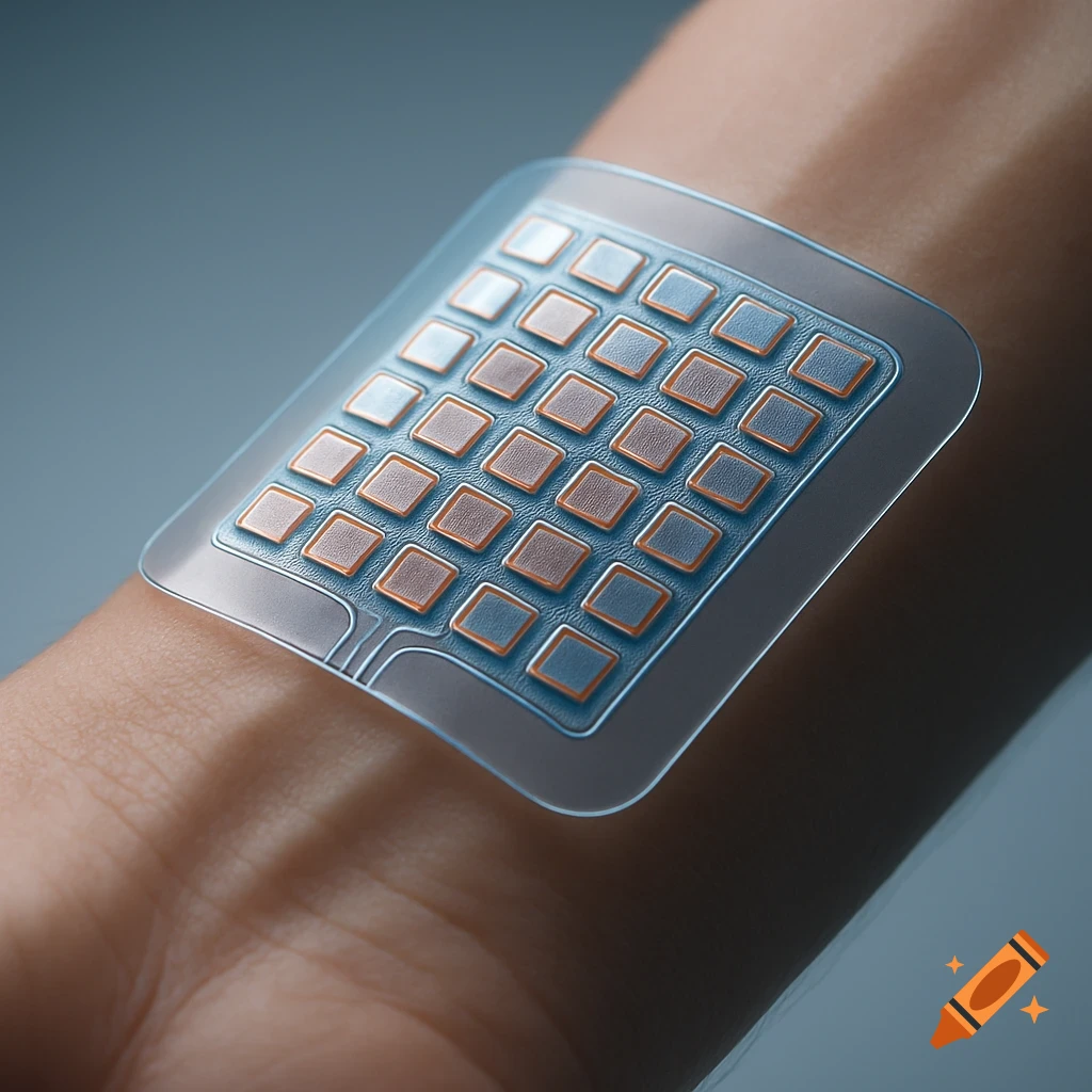 A close-up shot of a transparent, flexible sensor patch with a grid of ...