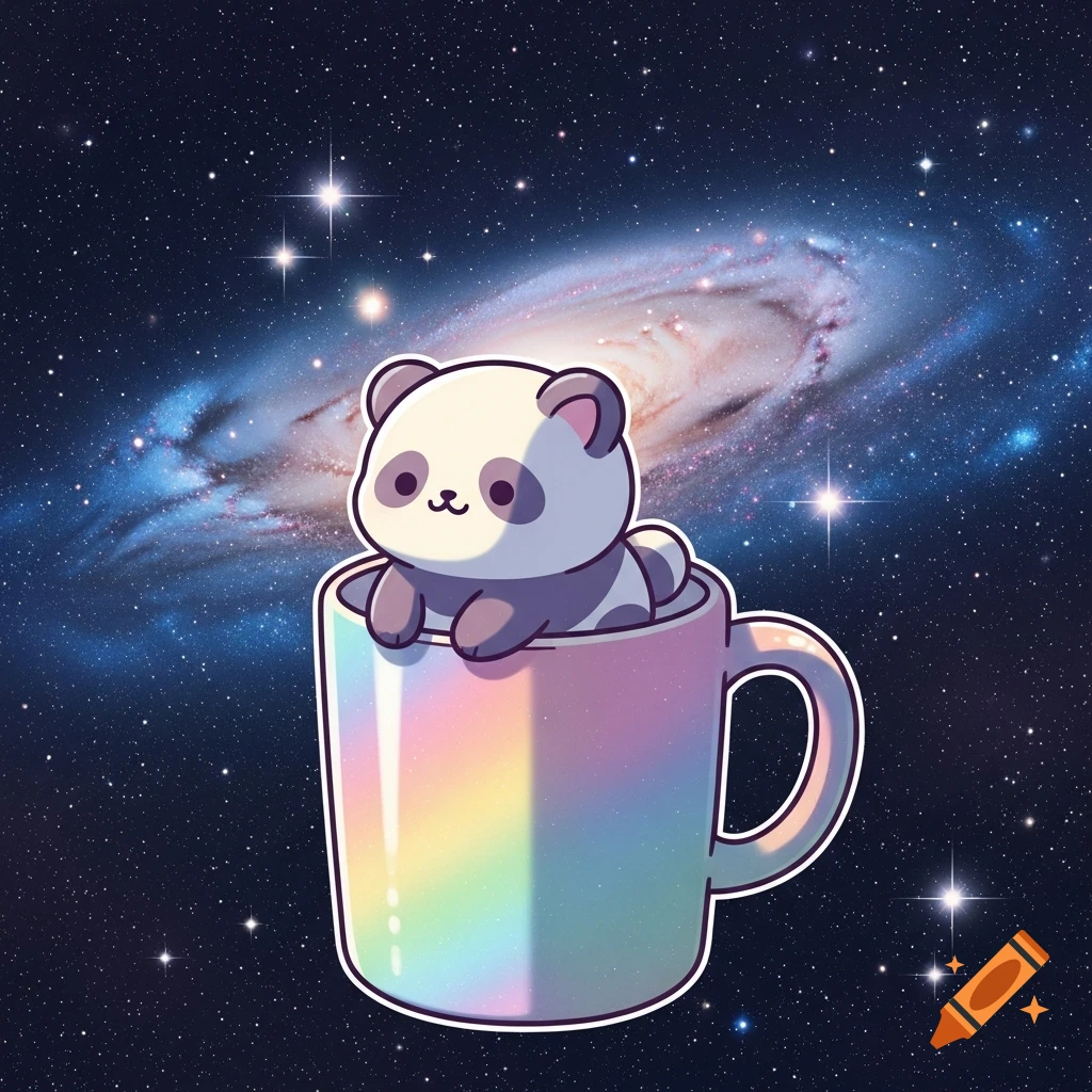 A cute kawaii panda cub sitting inside a rainbow holographic mug, set against a background of a starry galaxy and nebula.