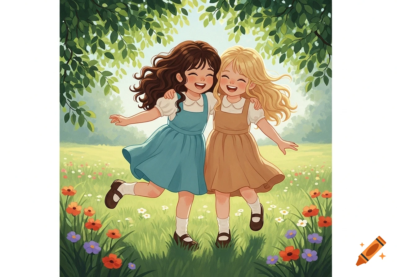 Two smiling cartoon girls, one blonde and one brunette, hug each other in a sunny field filled with flowers and green trees, in an acrylic illustration style.