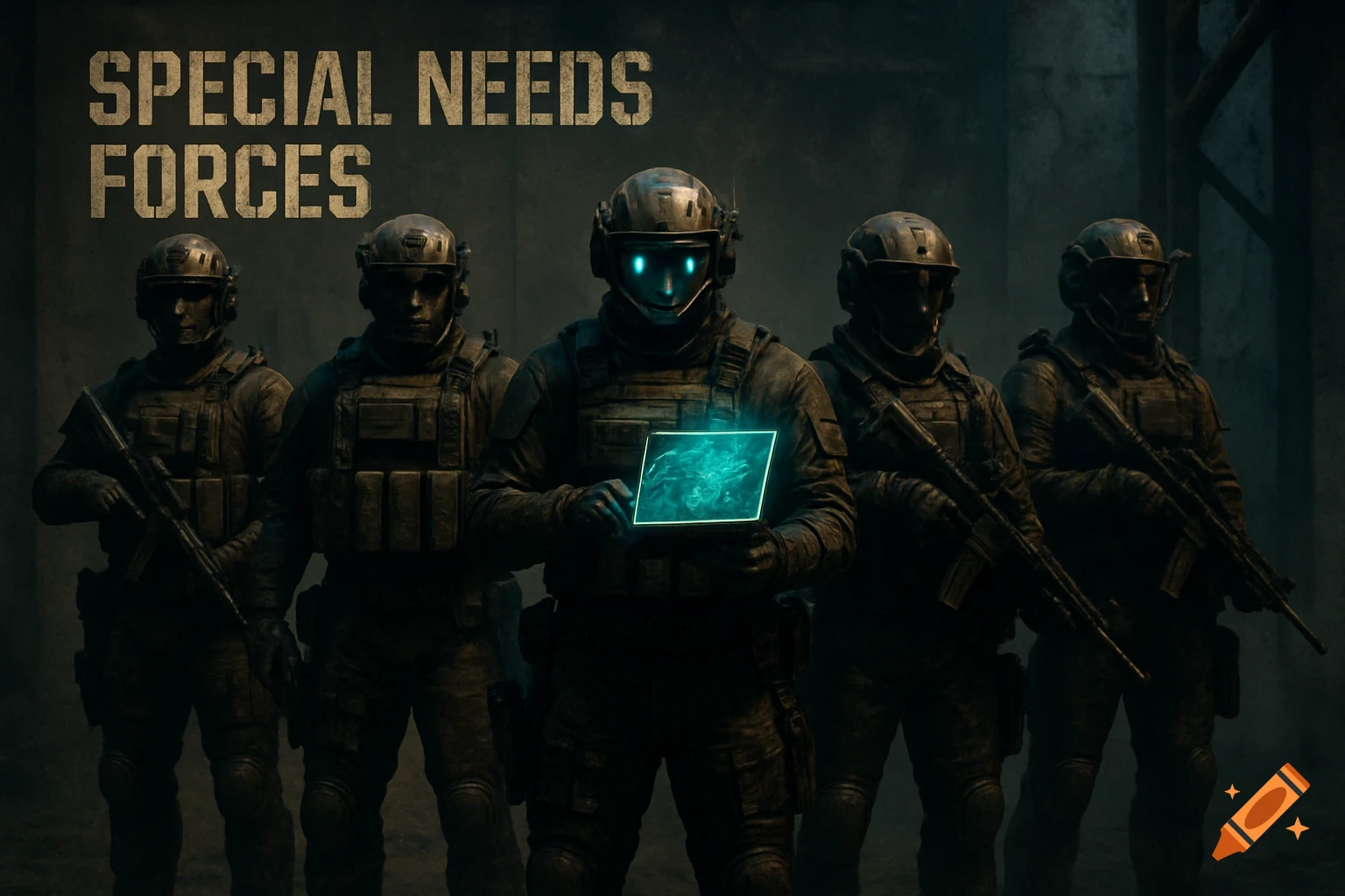 Five soldiers in tactical gear stand in a dark room under the text 'SPECIAL NEEDS FORCES'; the central soldier has glowing blue eyes and holds a glowing blue tablet.