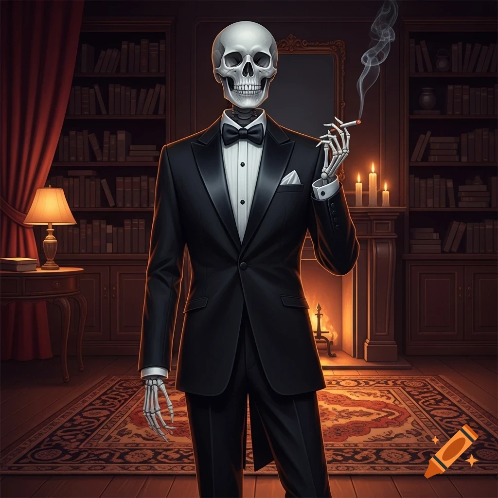 A dapper skeleton in a black tuxedo and bow tie smokes a cigarette in an elegant, dimly lit study with bookshelves and a fireplace.