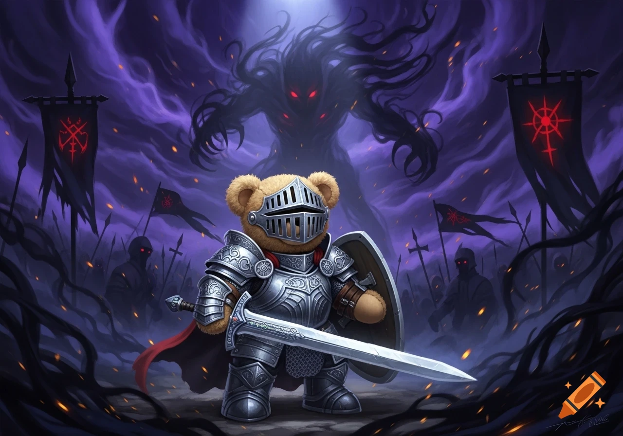 A teddy bear knight in armor, with sword and shield, bravely faces a giant shadowy nightmare monster and a dark army in a stormy fantasy scene.
