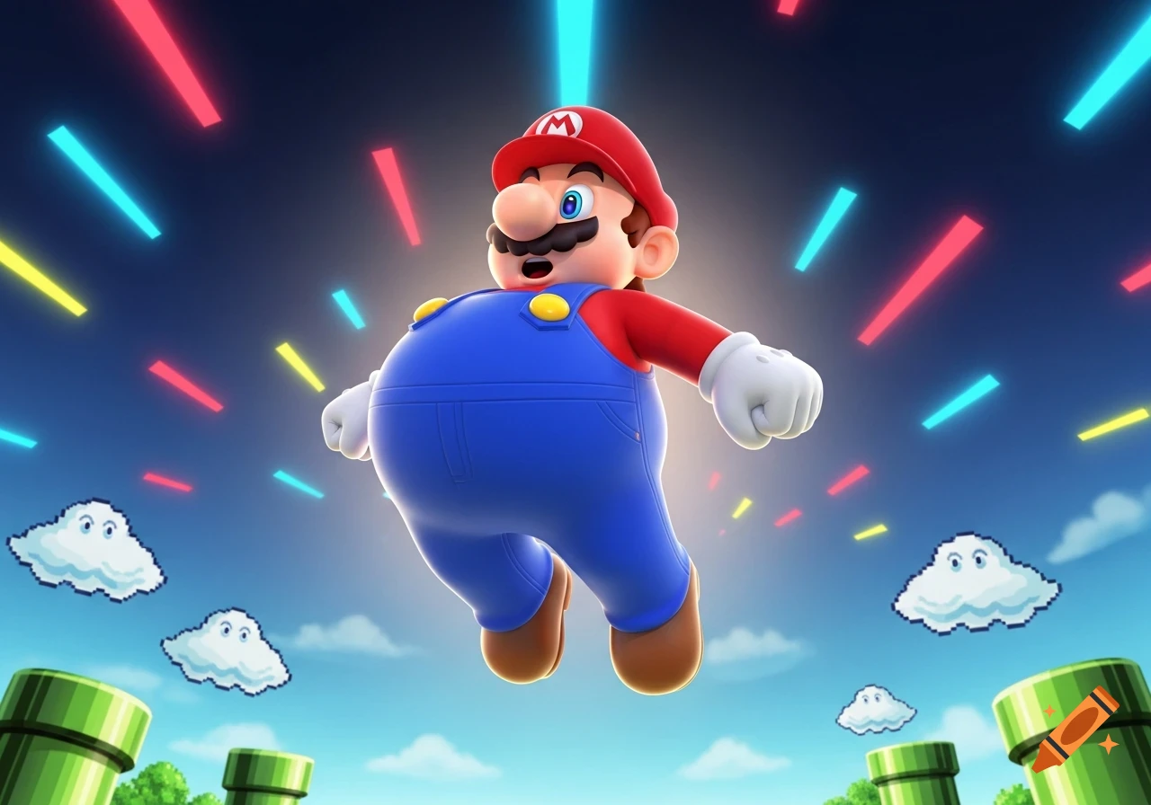 Inflated Mario floats heroically in a vibrant blue sky with neon lights, pixelated clouds, and green pipes below.