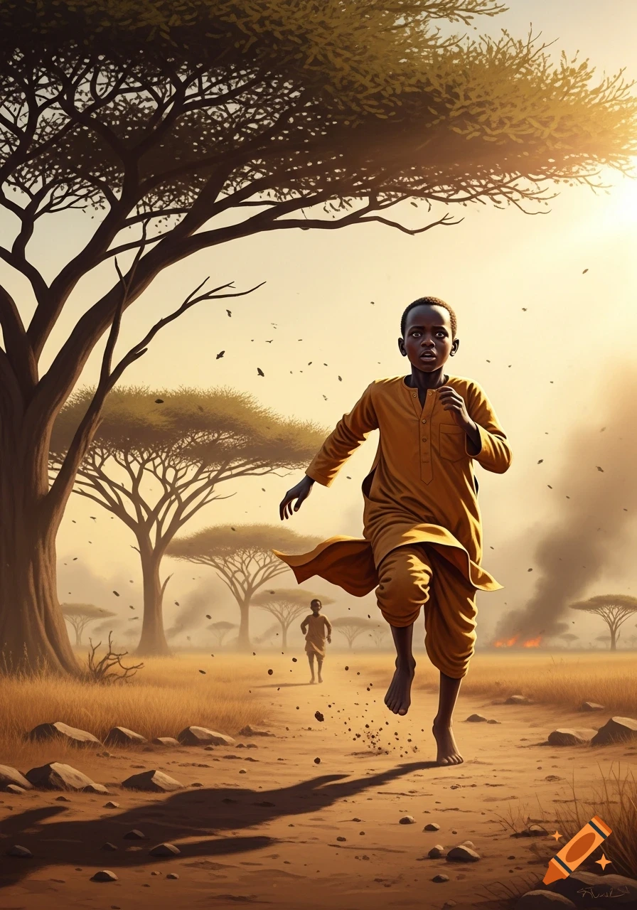 A young boy in traditional clothing runs barefoot across a dry savanna with acacia trees under a hazy, golden sky, smoke rising in the distance.