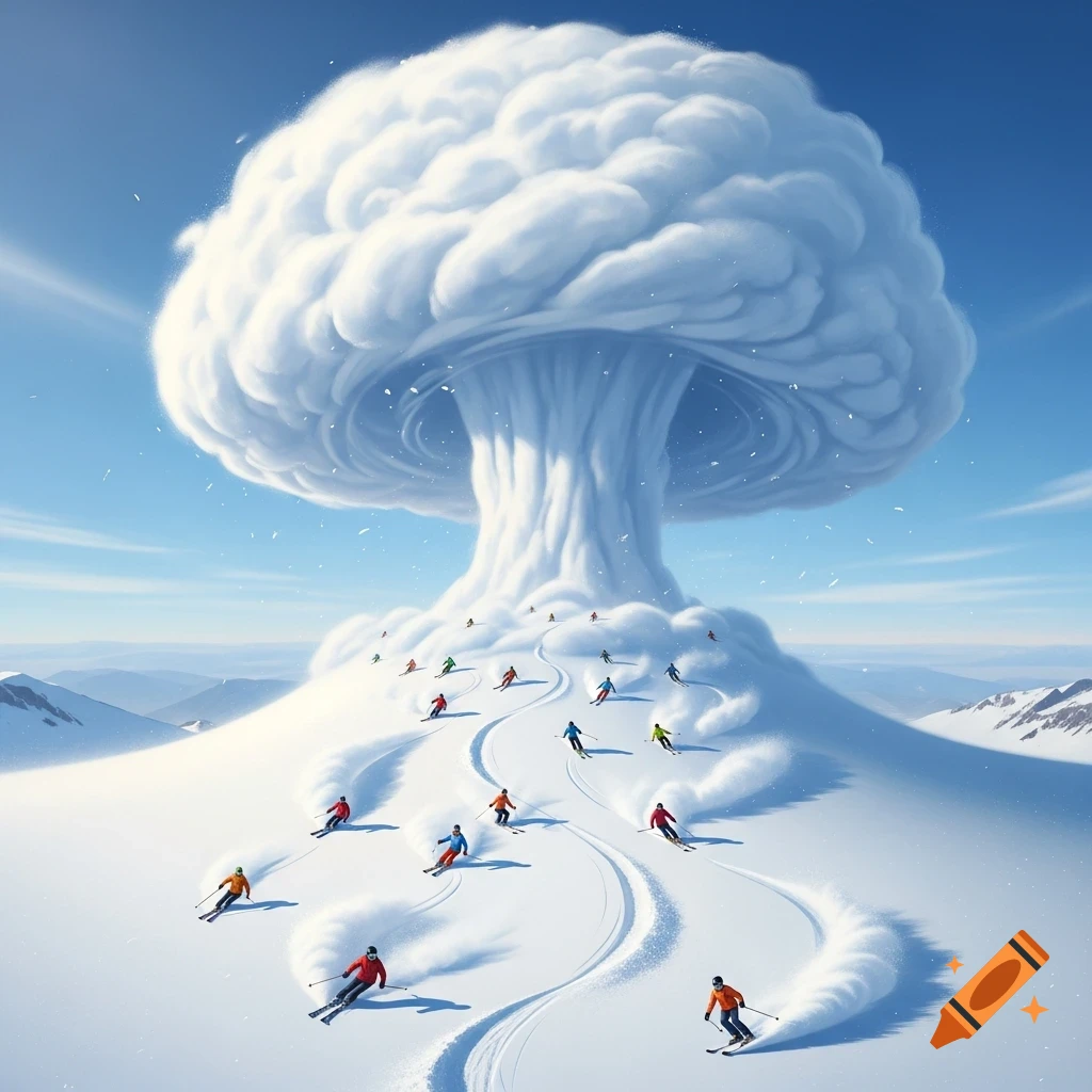 Many skiers descend a snowy mountain shaped like a white mushroom cloud under a clear blue sky.
