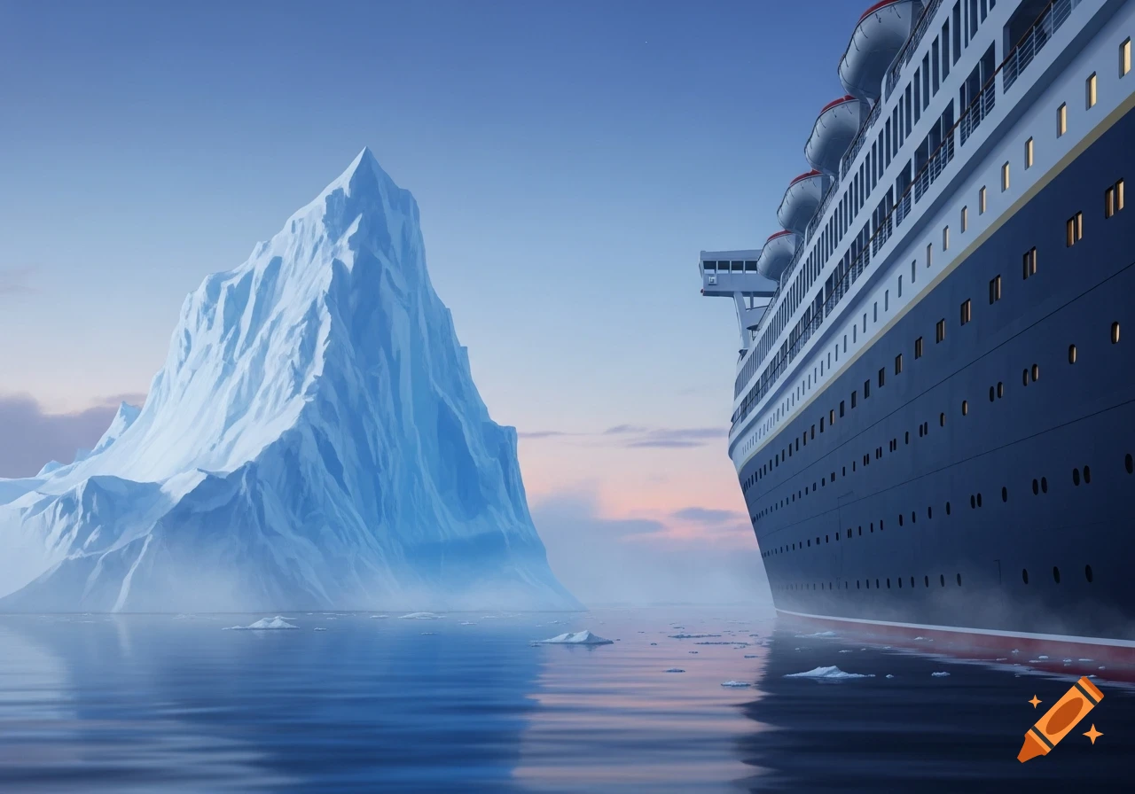 A large cruise ship sailing past a massive iceberg in calm blue water under a clear sky.