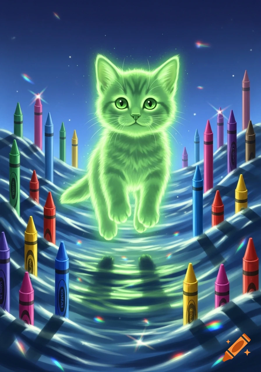 A glowing lime-green kitten stands on wavy blue surfaces, surrounded by colorful crayons against a starry dark blue sky.