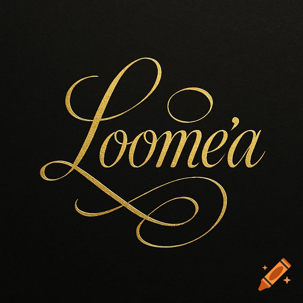 Gold foil calligraphy logo for Loome'a on a deep black background.