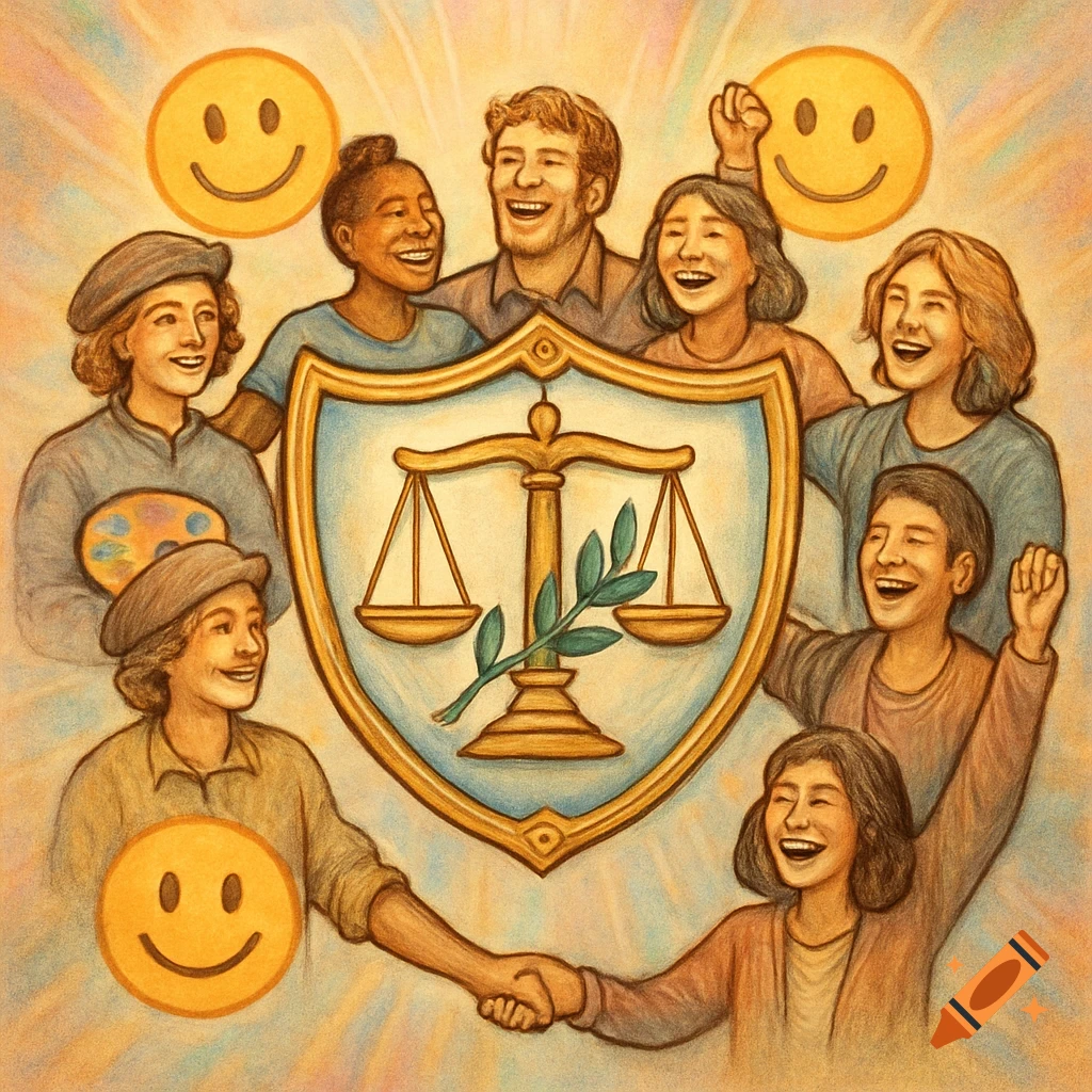 An illustration of a diverse group of happy people surrounding a shield with scales of justice and an olive branch, with smiley faces in the background.