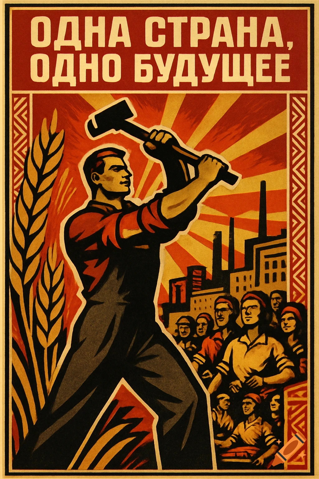 A socialist realism propaganda poster features a strong man with a hammer, workers, factories, wheat, and the slogan "One Country, One Future".
