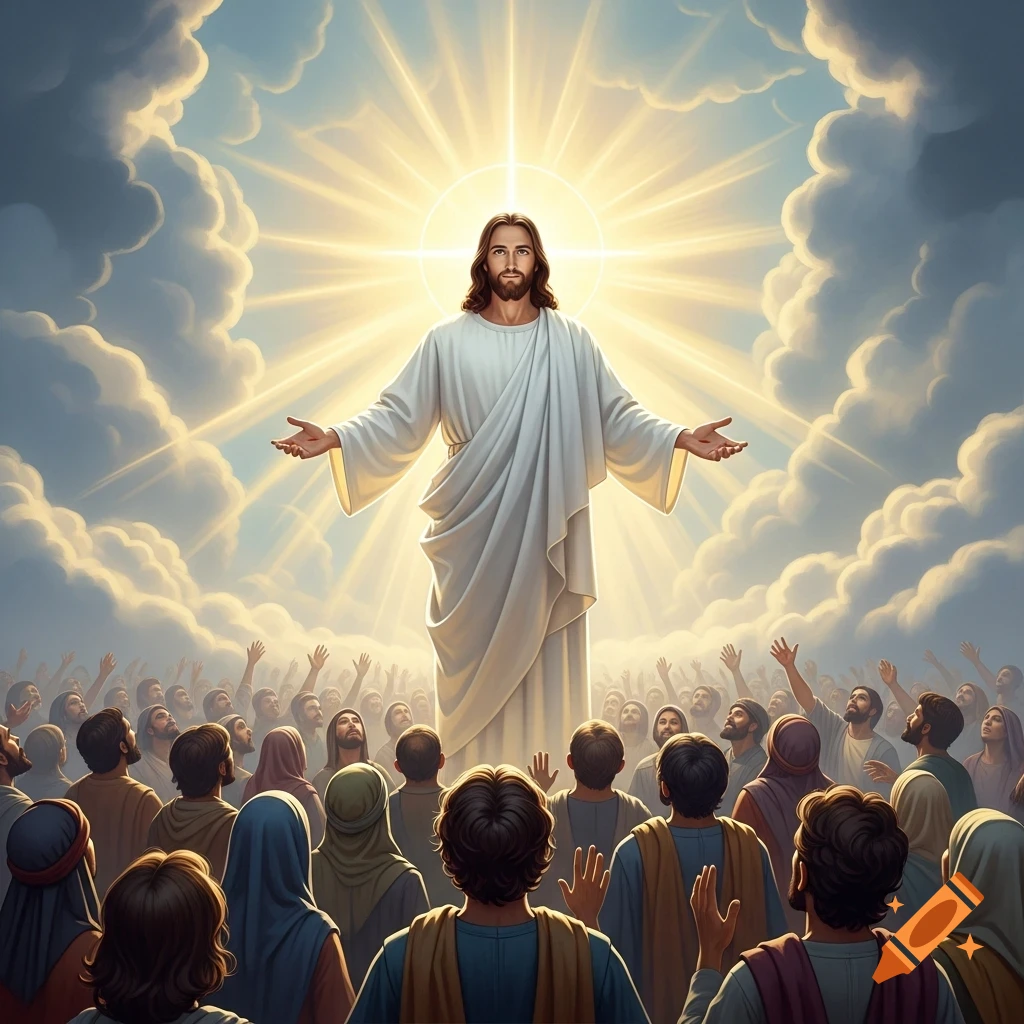 Jesus Christ in white robes, surrounded by radiating light and clouds, with outstretched arms looking down at a crowd of people gazing up.
