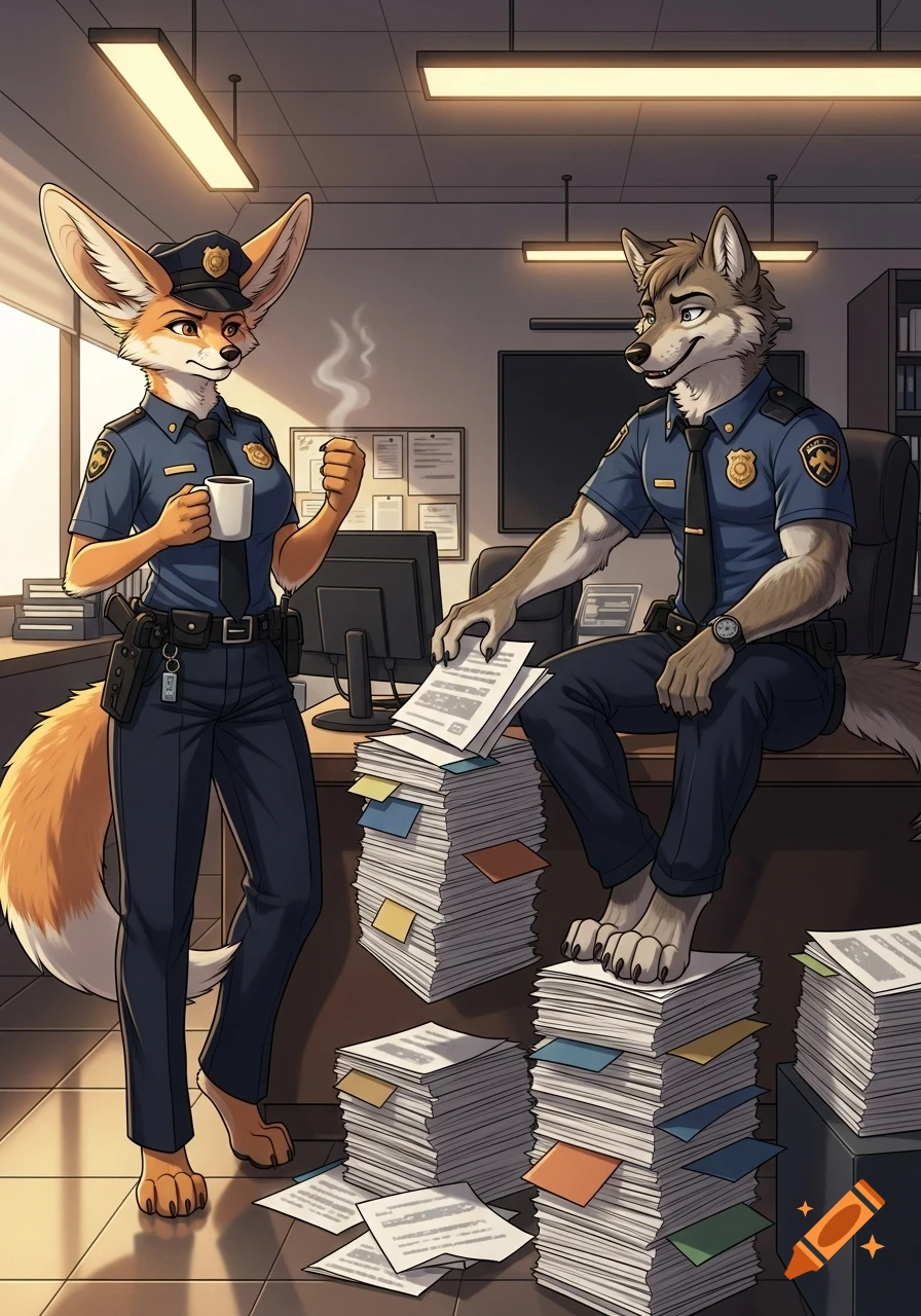 A fennec fox police officer holding coffee looks exasperated while a wolf police officer on the desk casually pushes papers to the floor in a semi-realistic illustration.