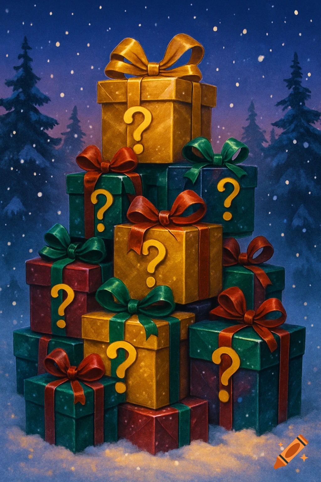 A stack of colorful Christmas presents with question marks, in a snowy night landscape with pine trees.
