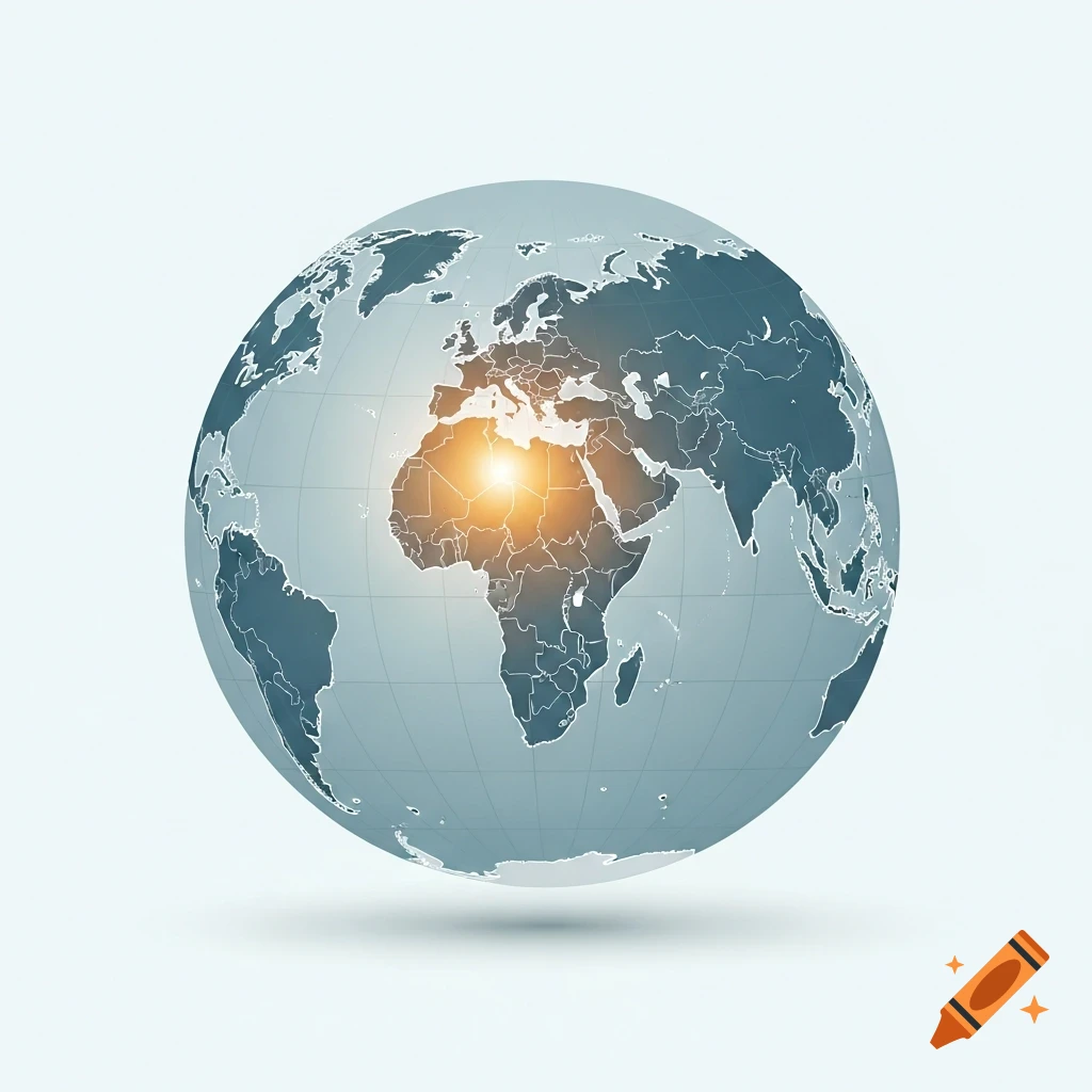 A vector illustration of a light blue and grey globe showing continents, with a bright orange glow over Africa and the Middle East.