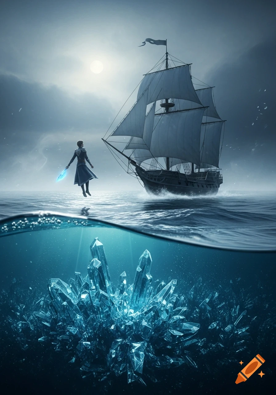 A fantasy scene with a person floating above dark water, holding a glowing sword, near a sailing ship. Below the surface, brilliant blue crystals shine.