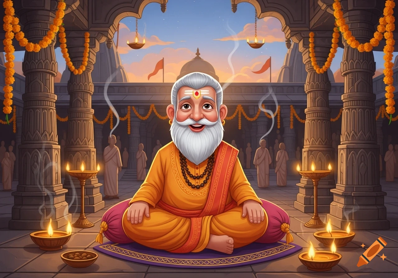 A cartoon Hindu pandit with white hair and beard sits cross-legged on a purple mat, smiling in a brightly decorated temple with lit diyas and marigold garlands.