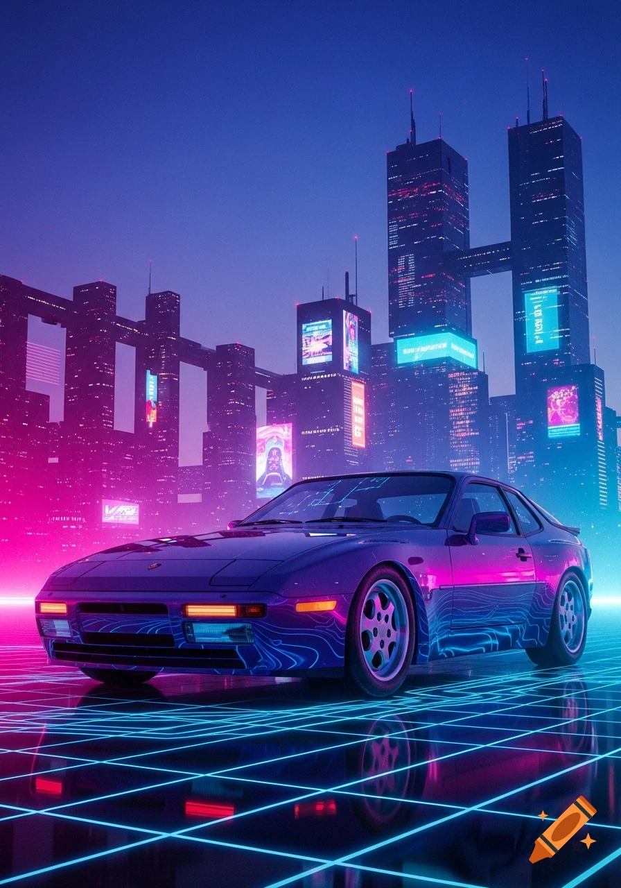 A purple Porsche 944 car on a neon-grid road in a vibrant pink and blue cyberpunk cityscape at night, with towering skyscrapers and glowing billboards.