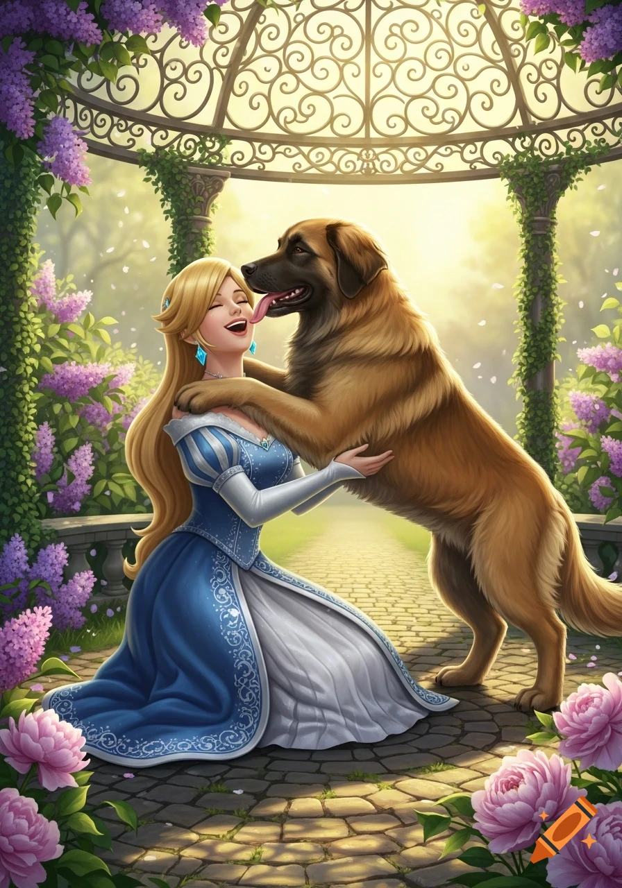 A stylized illustration of a happy princess in a blue gown hugging a large brown dog that licks her face under a garden gazebo with purple lilacs.