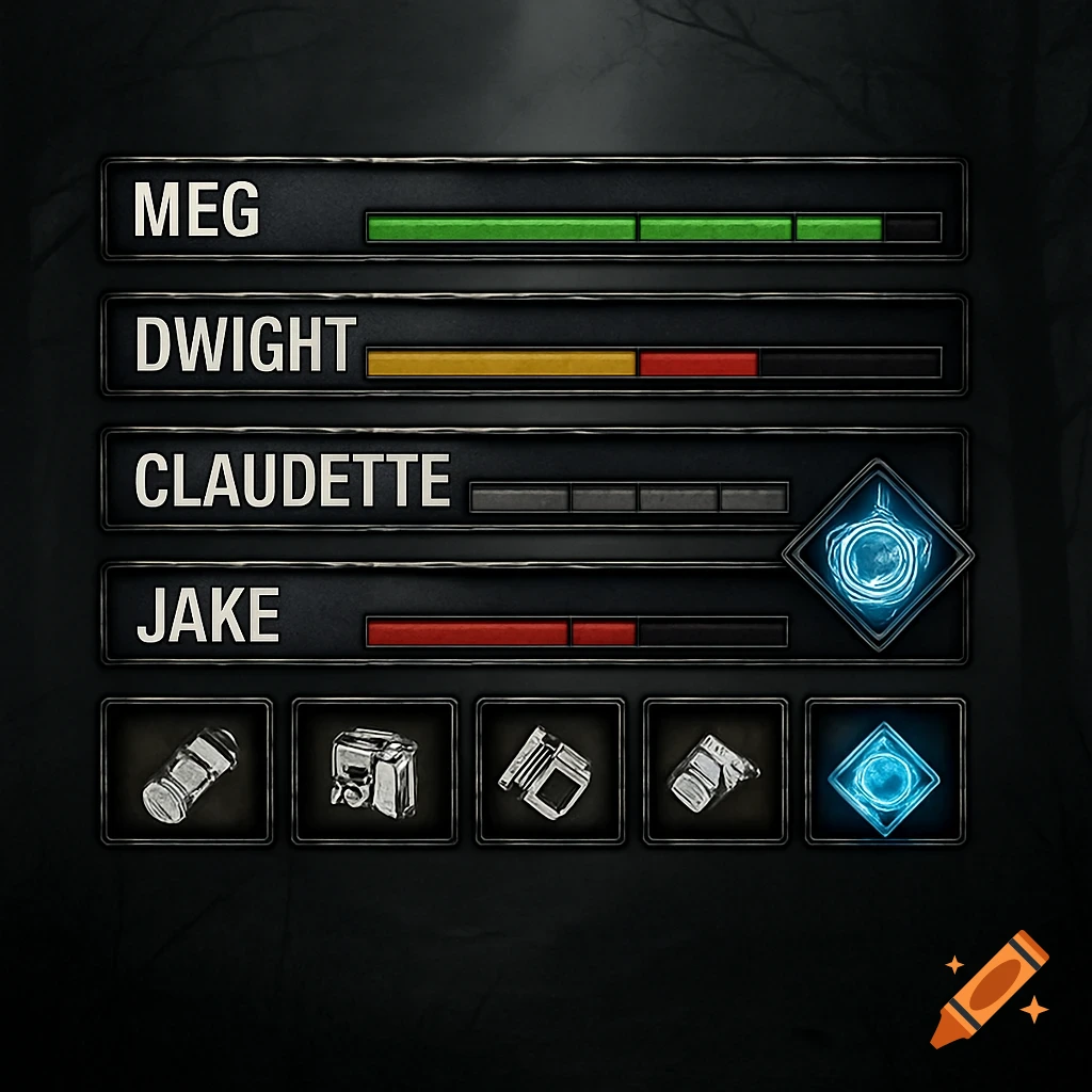 Dark gaming HUD showing four player names: Meg, Dwight, Claudette, Jake, with health bars and item/ability slots.
