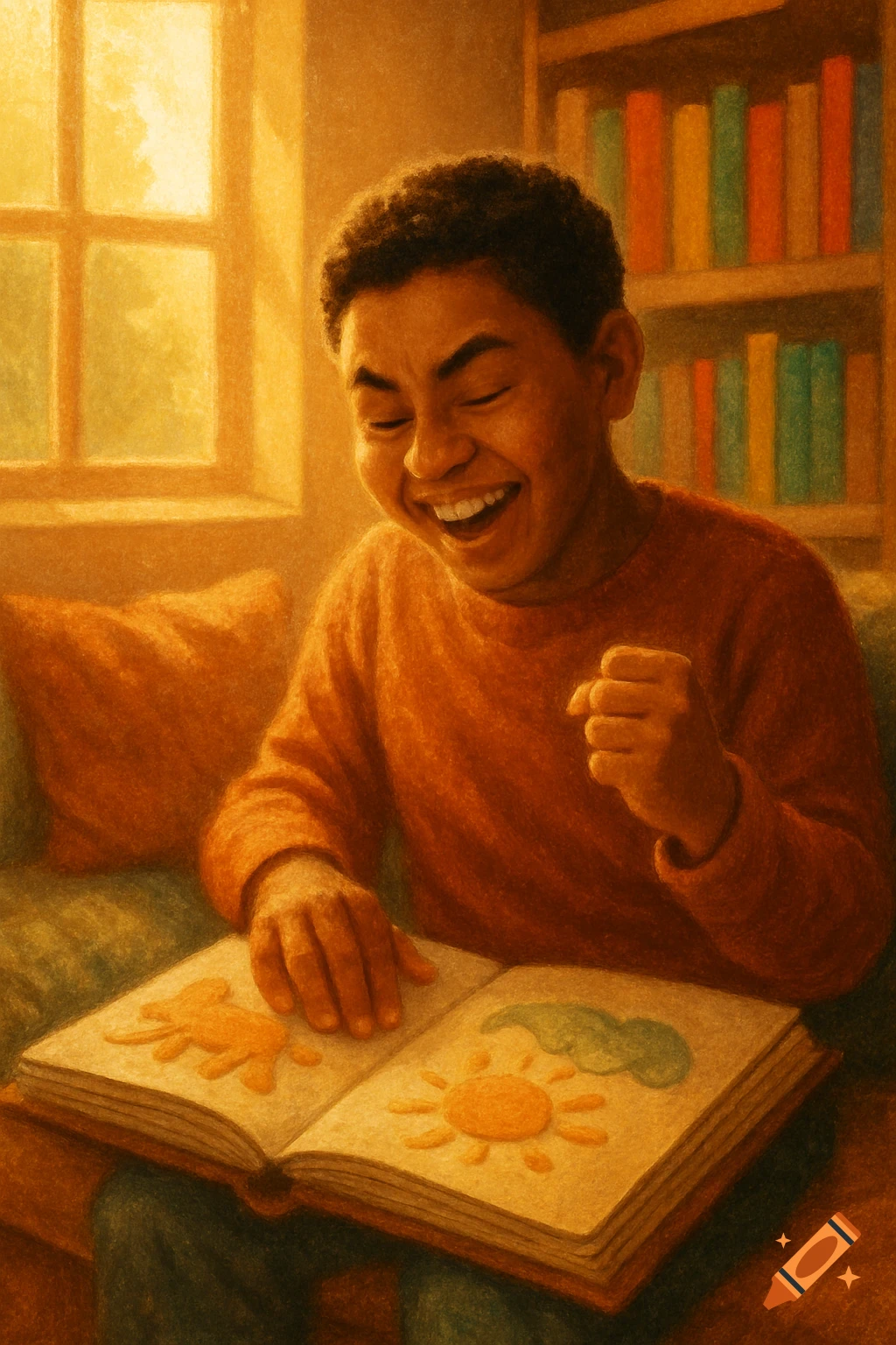 A joyful young boy with dark skin laughs while reading a tactile book with raised sun and animal illustrations.