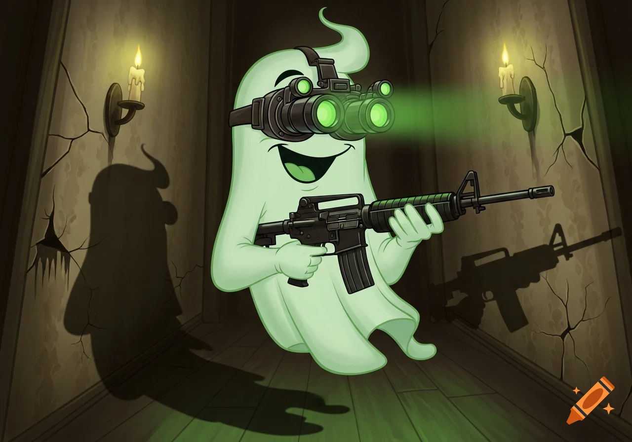 A cartoon ghost wearing night vision goggles holds an M4A1 rifle in a spooky, cracked hallway with lit sconces.