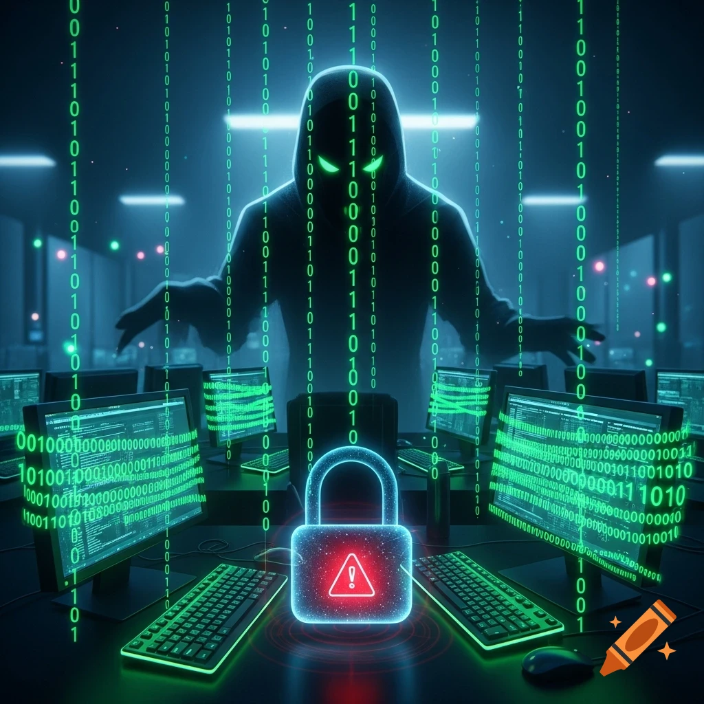 A hooded hacker with glowing green eyes in a server room, surrounded by binary code, with a glowing padlock warning sign.