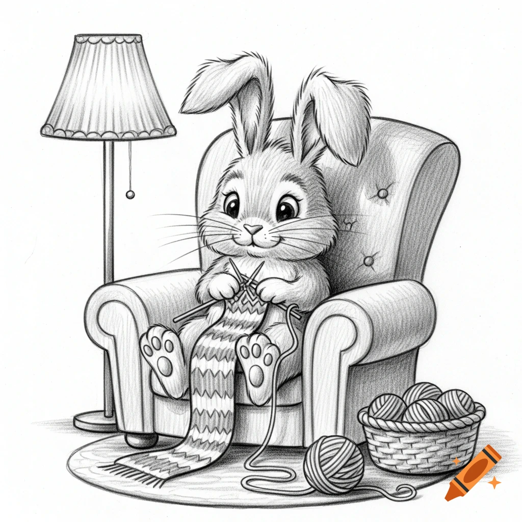 A black and white pencil drawing of a cute cartoon rabbit sitting in an armchair, knitting a striped scarf.