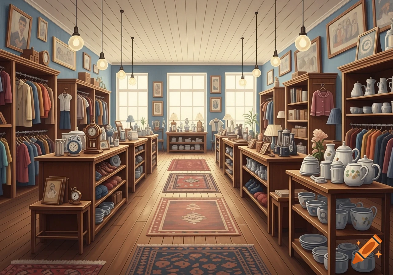 A well-organized thrift store interior featuring racks of clothes, shelves of pottery and decor, wooden floors, and blue walls.
