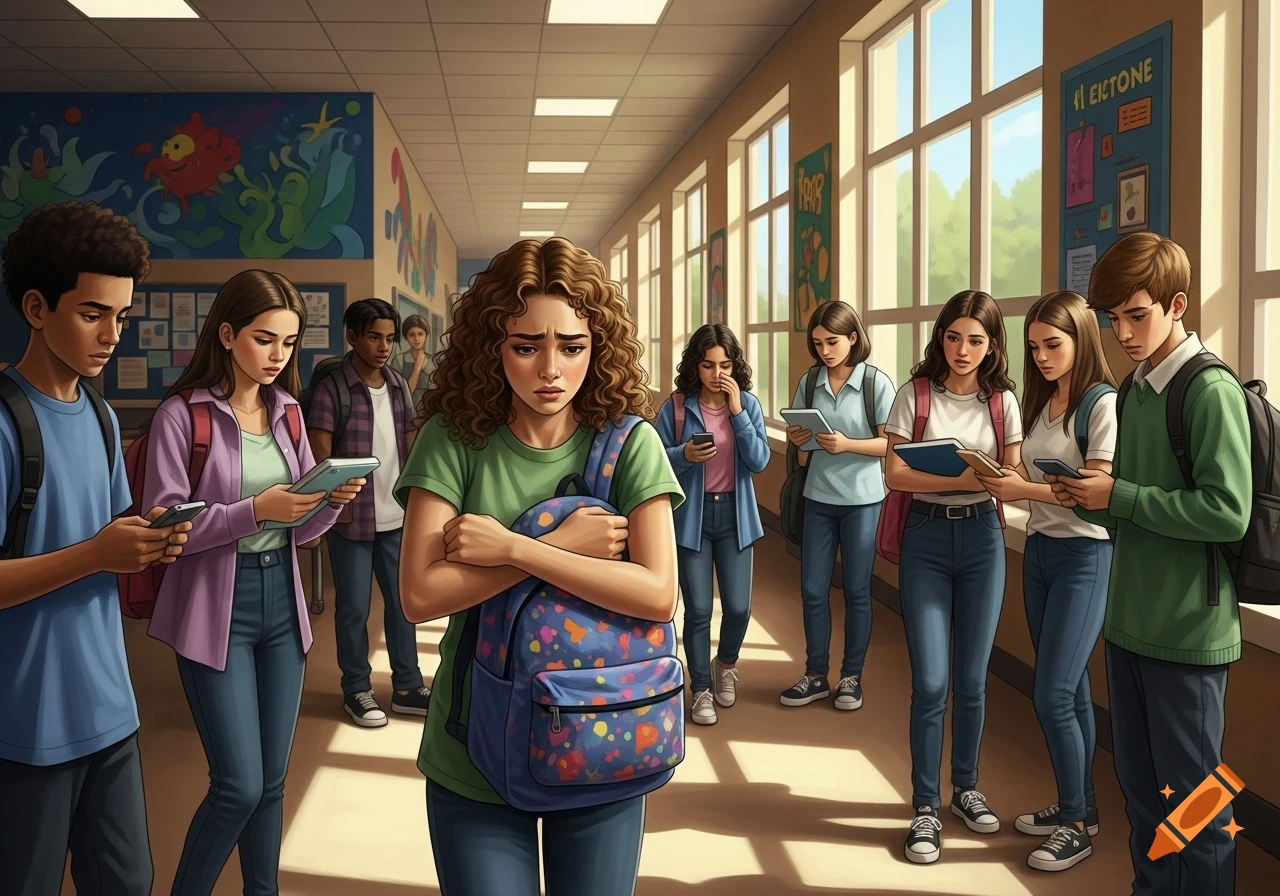 A sad student with a backpack stands in a school hallway, surrounded by other students looking at phones. Anime style.