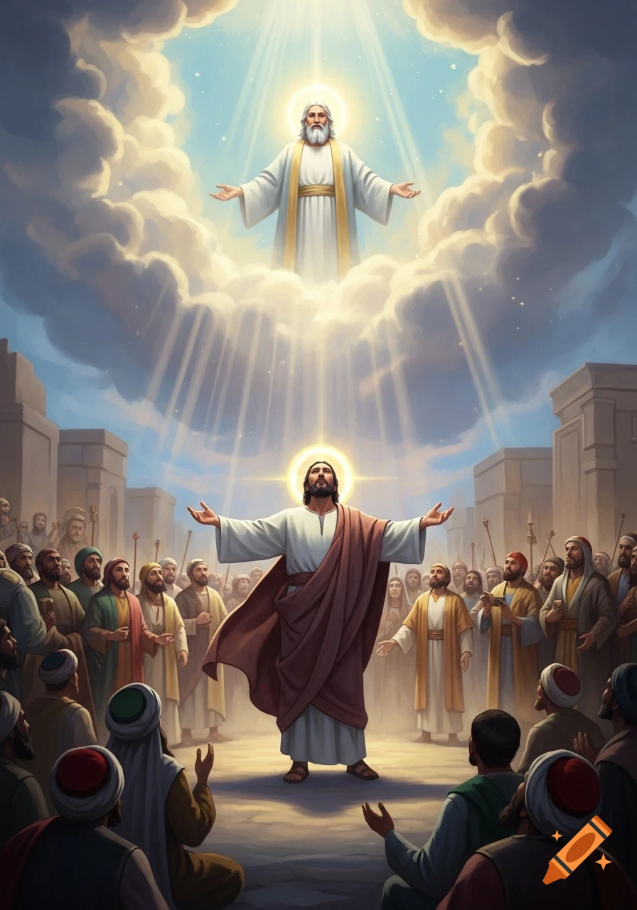 A prophet-like man addresses a crowd in an ancient city, while a luminous, bearded figure appears in clouds above, bathed in divine light.