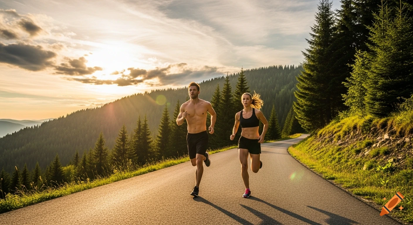 Photorealistic image of a man and a woman running on a winding mountain road through a forest at sunset.