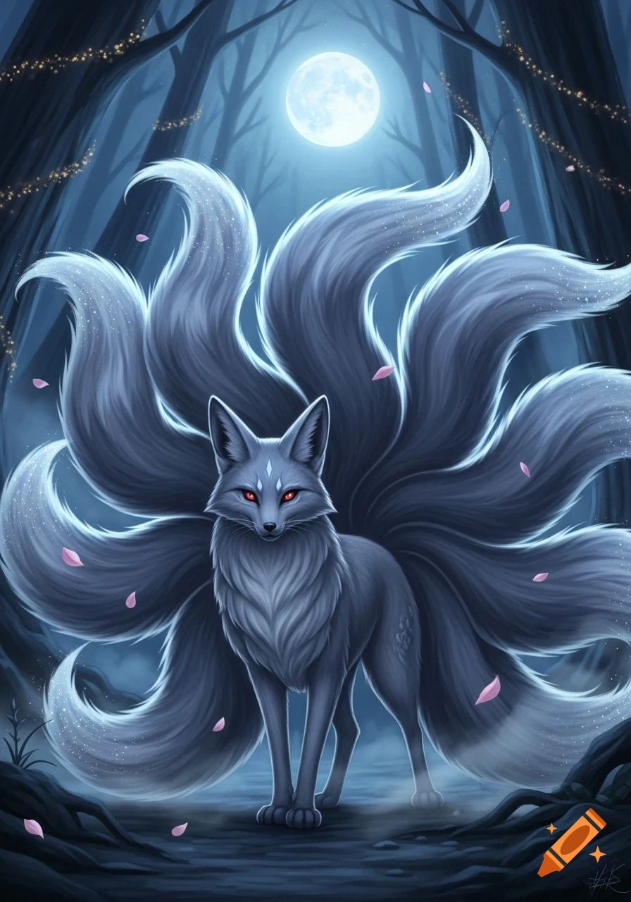 A majestic nine-tailed grey fox with glowing red eyes stands in a dark, moonlit magical forest with falling pink petals.