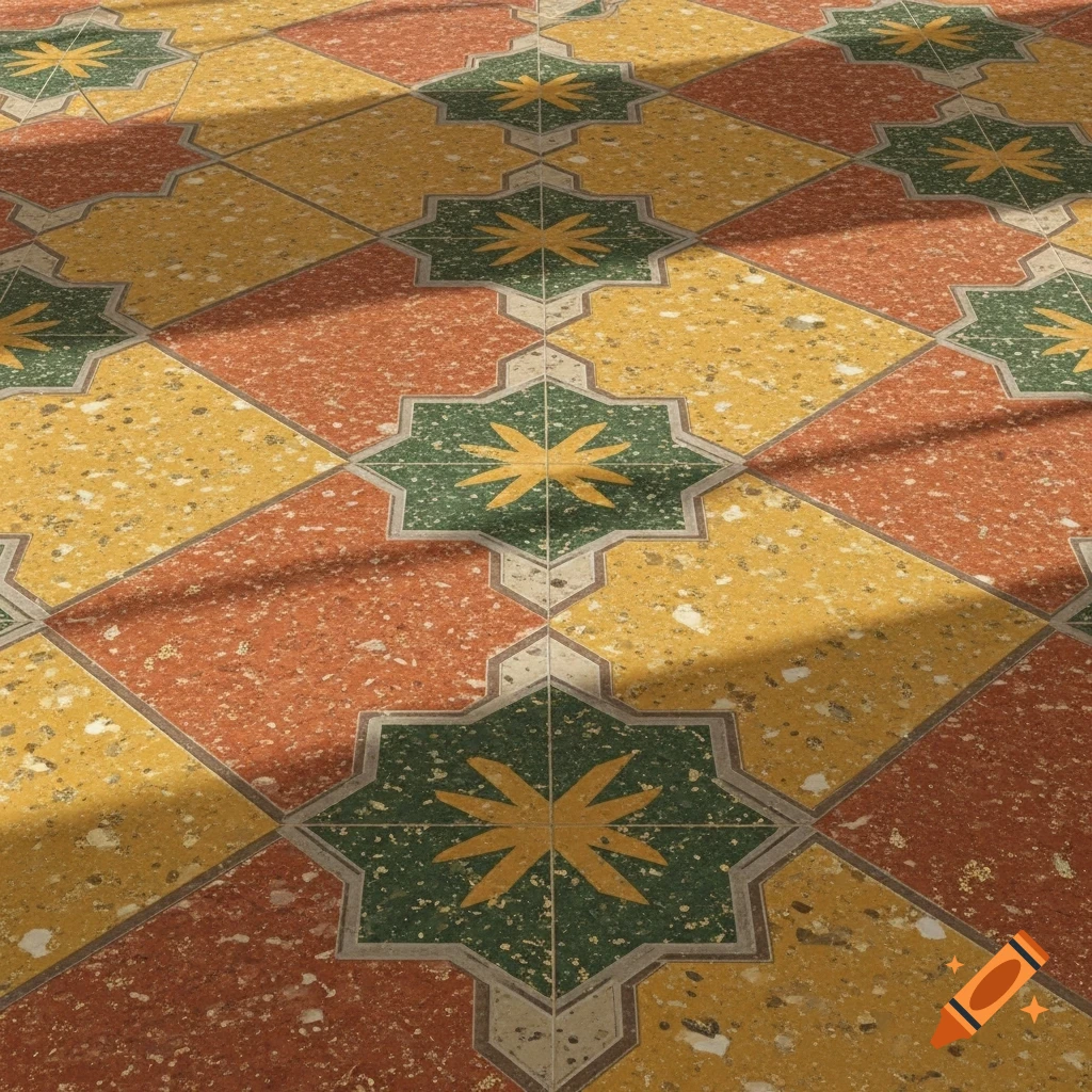 A photorealistic floor tiled with yellow, orange, and green squares and star patterns, partially shaded by sunlight.