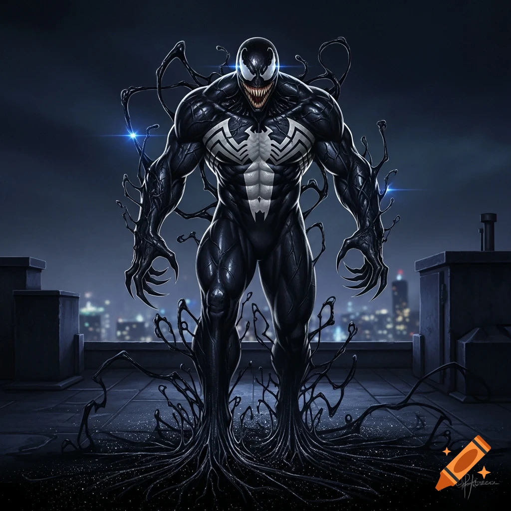 Venom, the Marvel symbiote, stands powerfully on a dark rooftop with tendrils spreading, city lights glimmering in the background.