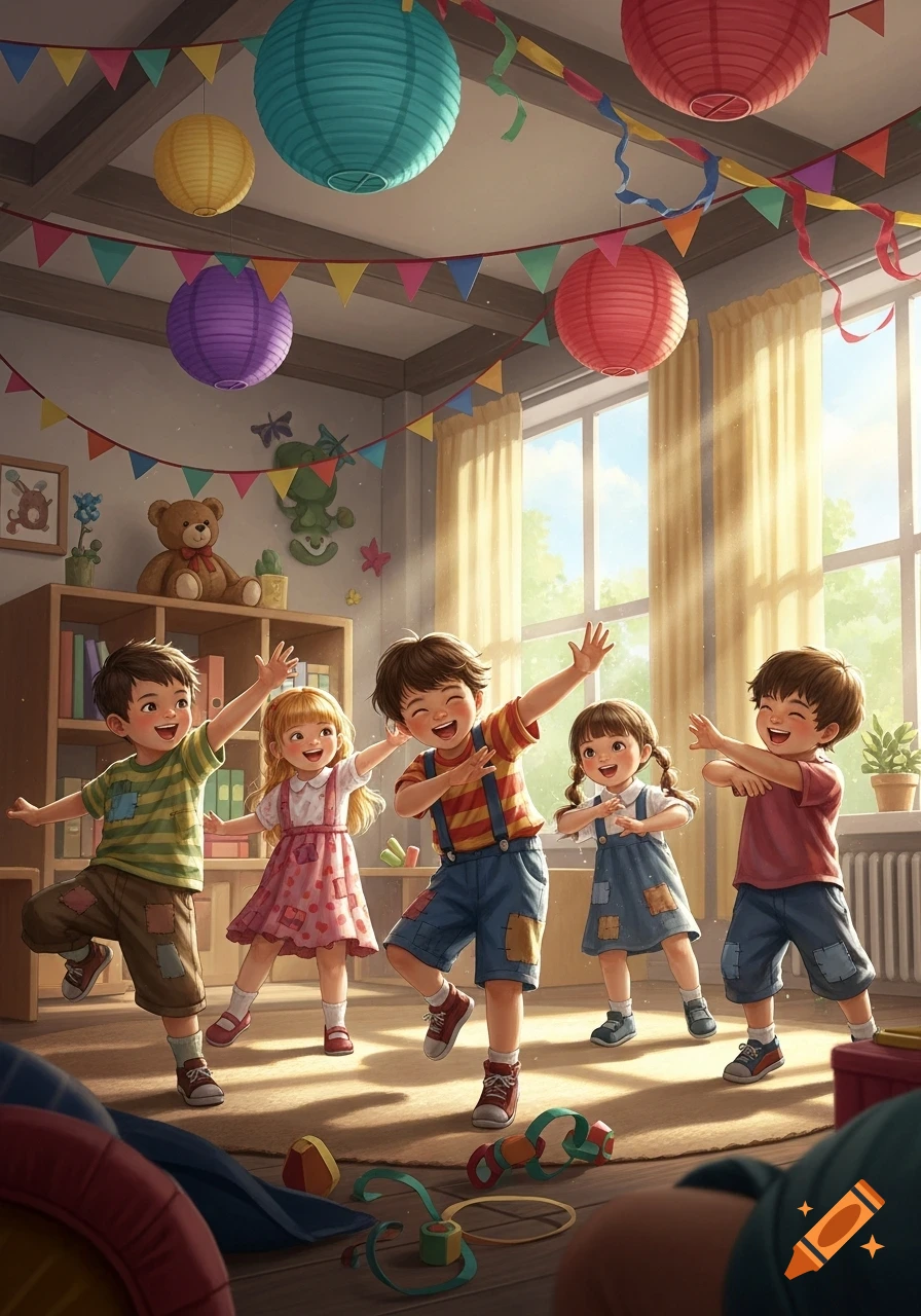 Happy children dance in a brightly decorated kindergarten classroom bathed in sunlight.