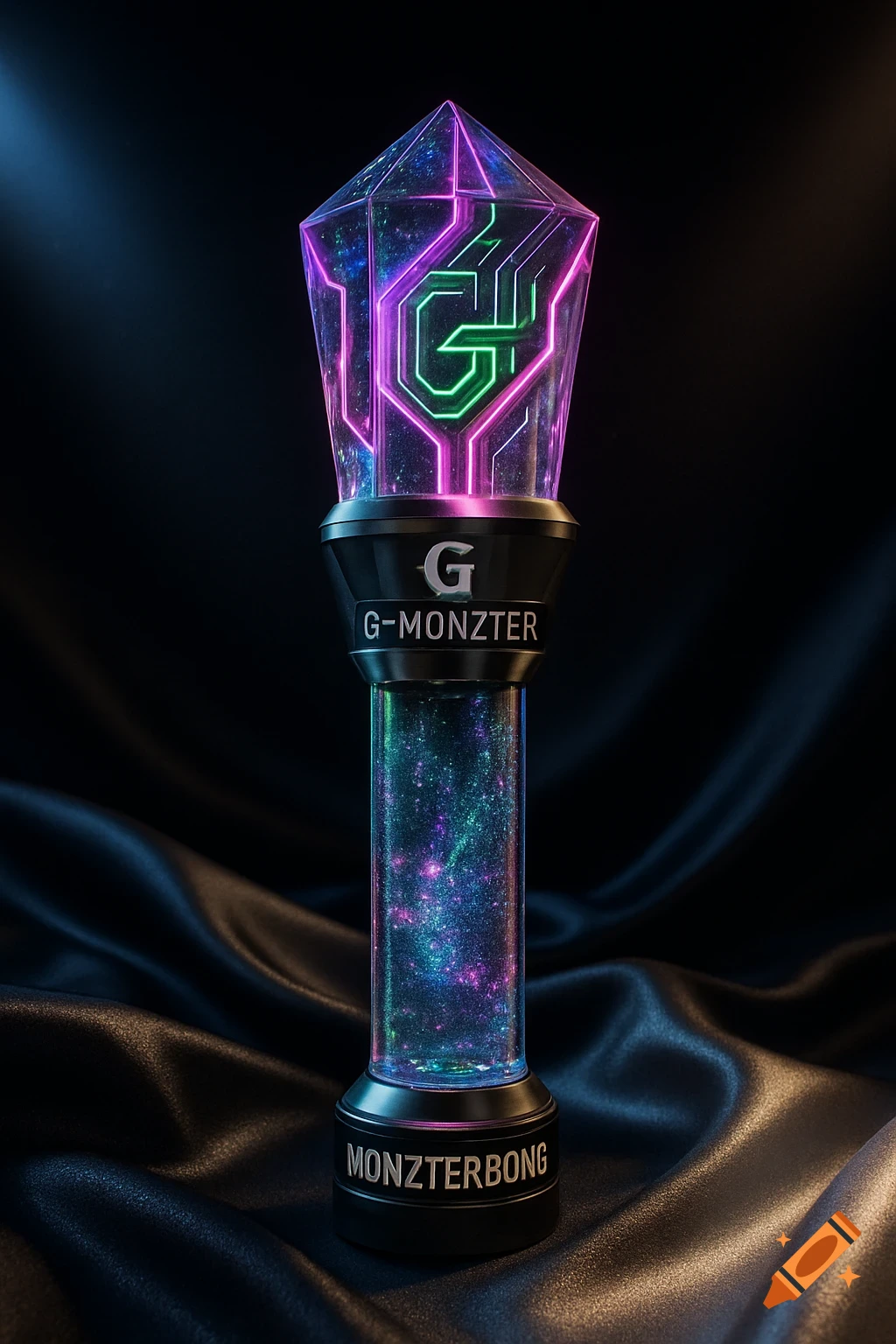 A glowing K-pop light stick named MONZTERBong, featuring a G-MONZTER logo, on a dark satin background.